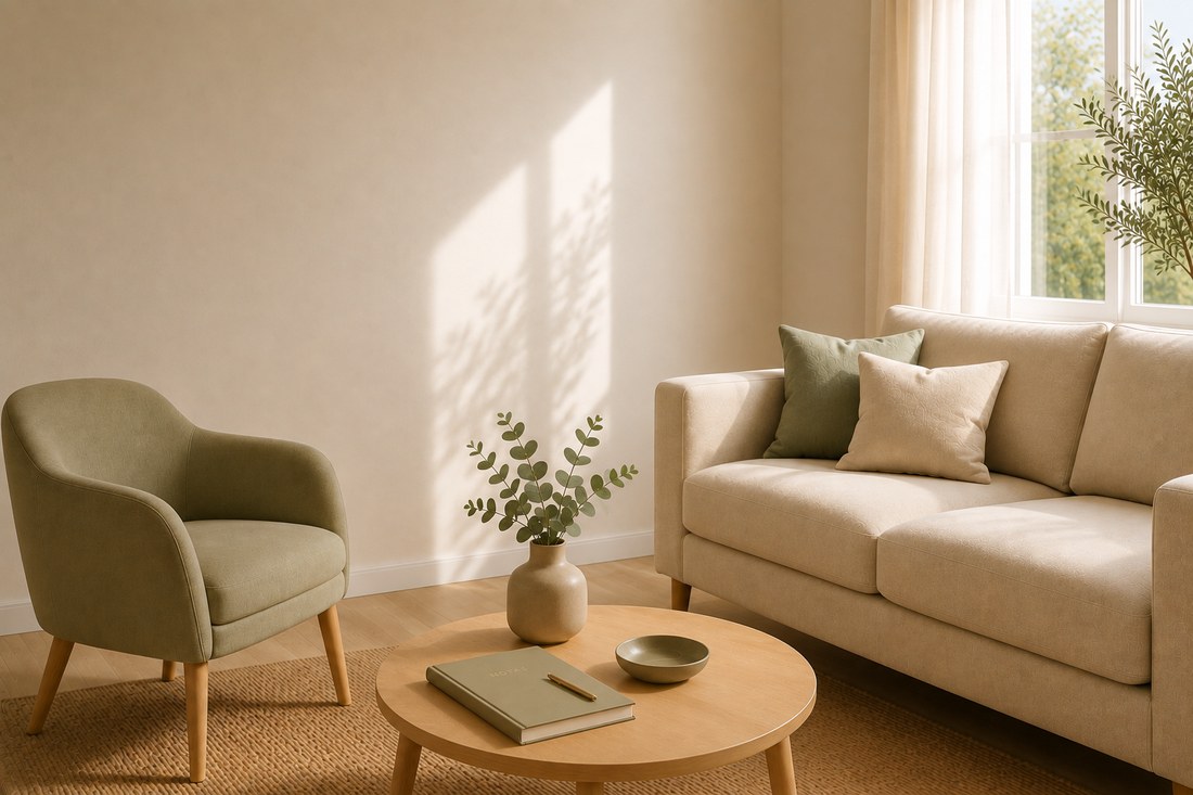 Espacio de consulta acogedor con sillón, planta y mesa de madera